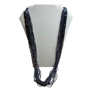 Long Multiple Stranded Steel Blue Seed Bead and Small Crystal Necklace 32 1/2"